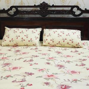 Soft Cream & Pink Rose Floral Bed Sheet Set - 5 Piece Bundle