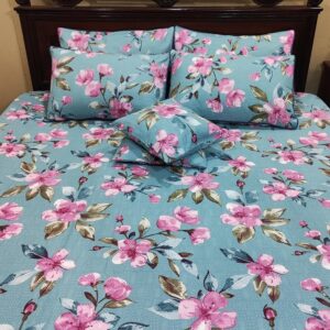 7-Piece Light Teal & Pink Floral Blossom Bedding Set