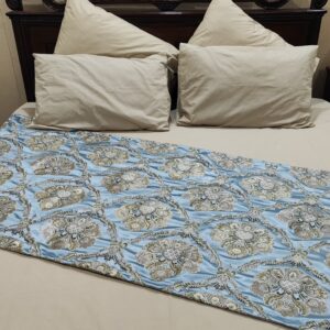 6-Piece Beige Pure Cotton Bedding Set with Embroidered Blue Silk Throw