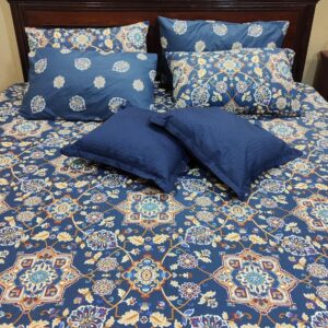 7-Piece Pure Cotton Navy Blue Traditional Motif Bedding Set