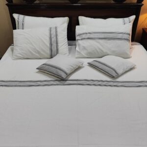 7-Piece Pure Cotton Crisp White Bedding Set with Striped Dhaga Embroidery