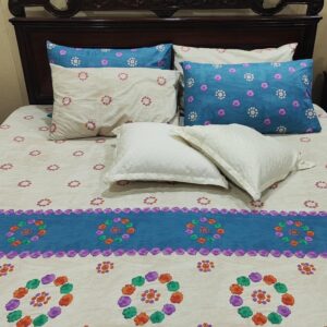 7-Piece Vibrant Floral Wreath & Blue Band Bedding Set