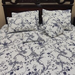7-Piece Classic Navy Blue & White Floral Vine Bedding Set