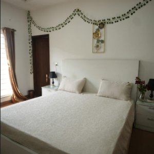 Cream self-textured jacquard bed sheet set with lace trimmings and tassels on pillows in a modern bedroom