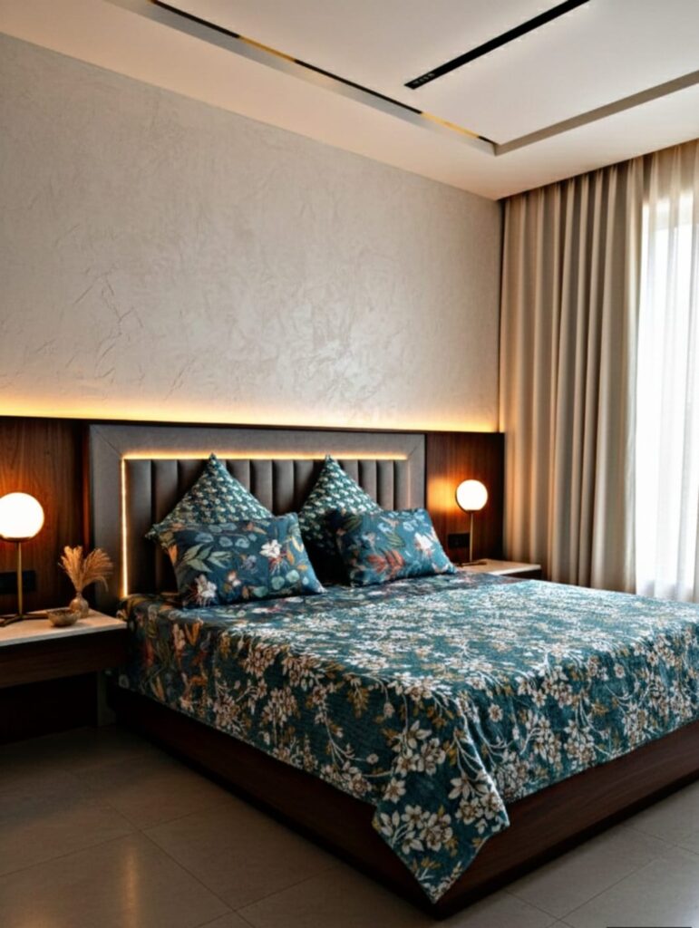 Teal blue and white floral quilted bedspread set with four matching pillowcases on a wooden bed with warm backlighting