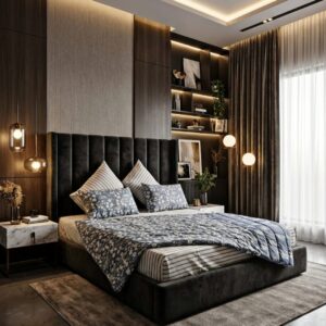 Navy blue and white floral comforter set with matching pinstripe bed sheets and four pillowcases in a luxury dark bedroom