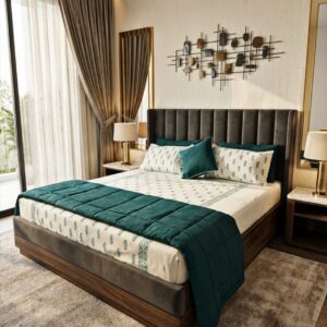 Emerald green and cream block print comforter set with matching bed sheet, four pillowcases, and decorative cushion in a luxury bedroom