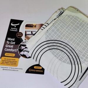 Modern white bed sheet with black geometric circular arcs and grey grid pattern folded with packaging