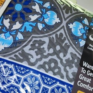 Royal blue and grey mosaic floral tile print bedspread set folded in packaging