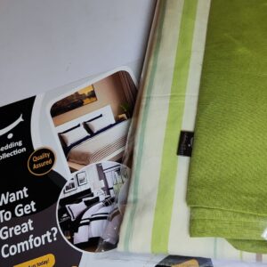 Lime green solid and striped reversible bed sheet set folded in packaging