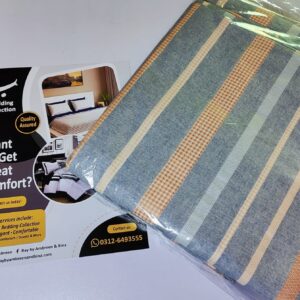 Denim blue, cream, and rust orange striped bed sheet set with geometric texture detail folded in packaging