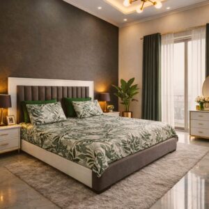 Emerald green and white tropical leaf print duvet cover set with solid green contrast border folded in packaging